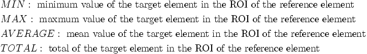 \begin{align}
  & MIN:\text{   minimum value of the target element in the ROI of the reference element} \\ 
 & MAX:\text{  maxmum value of the target element in the ROI of the reference element} \\ 
 & AVERAGE:\text{  mean value of the target element in the ROI of the reference element} \\ 
 & TOTAL:\text{   total of the target element in the ROI of the reference element} \\ 
\end{align}