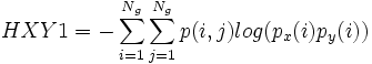 HXY1 = -\sum_{i=1}^{N_g} \sum_{j=1}^{N_g} p(i,j)log(p_x(i) p_y(i))