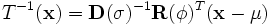 
T^{-1}(\mathbf{x})=\mathbf{D}({\sigma})^{-1}\mathbf{R}({\phi})^{T}(\mathbf{x}-{\mu})
