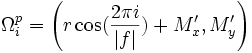 \Omega_{i}^{p} = \left( r\cos(\frac{2\pi i}{|f|}) + M_{x}', M_{y}' \right) 