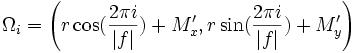 \Omega_{i} = \left( r\cos(\frac{2\pi i}{|f|}) + M_{x}', r\sin(\frac{2\pi i}{|f|}) + M_{y}' \right)