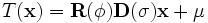 T(\mathbf{x})=\mathbf{R}({\phi})\mathbf{D}({\sigma})\mathbf{x}+{\mu}