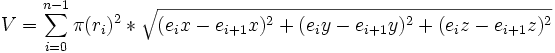  V = \sum_{i=0}^{n - 1}\pi (r_i)^2*\sqrt{(e_ix-e_{i+1}x)^2 + (e_iy-e_{i+1}y)^2+(e_iz-e_{i+1}z)^2} 