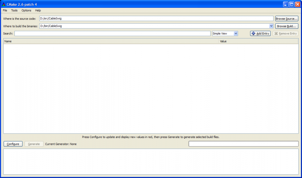 Screenshot of ccmake configuration of CableSwig