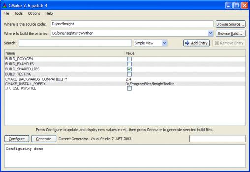 Initial CMake GUI for building ITK