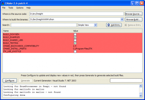 Initial CMake GUI for building ITK