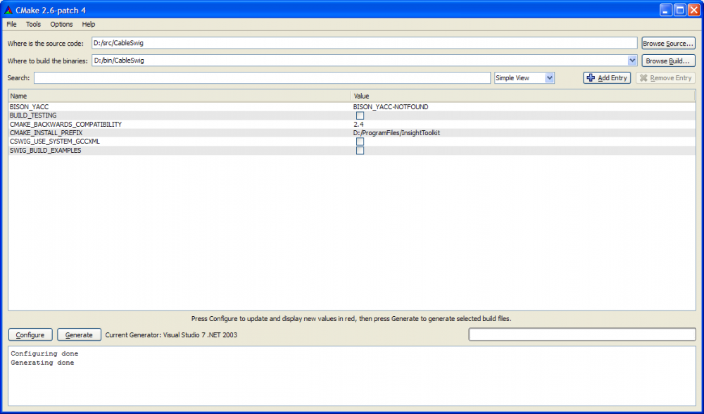Screenshot of ccmake configuration of CableSwig