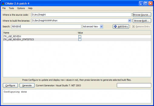 Initial CMake GUI for building ITK