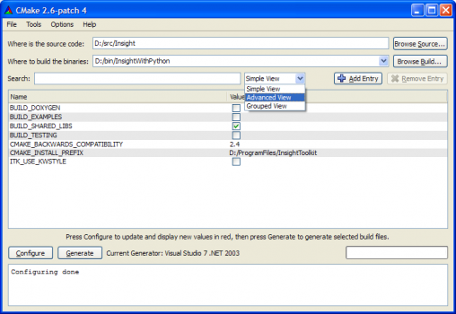 Initial CMake GUI for building ITK