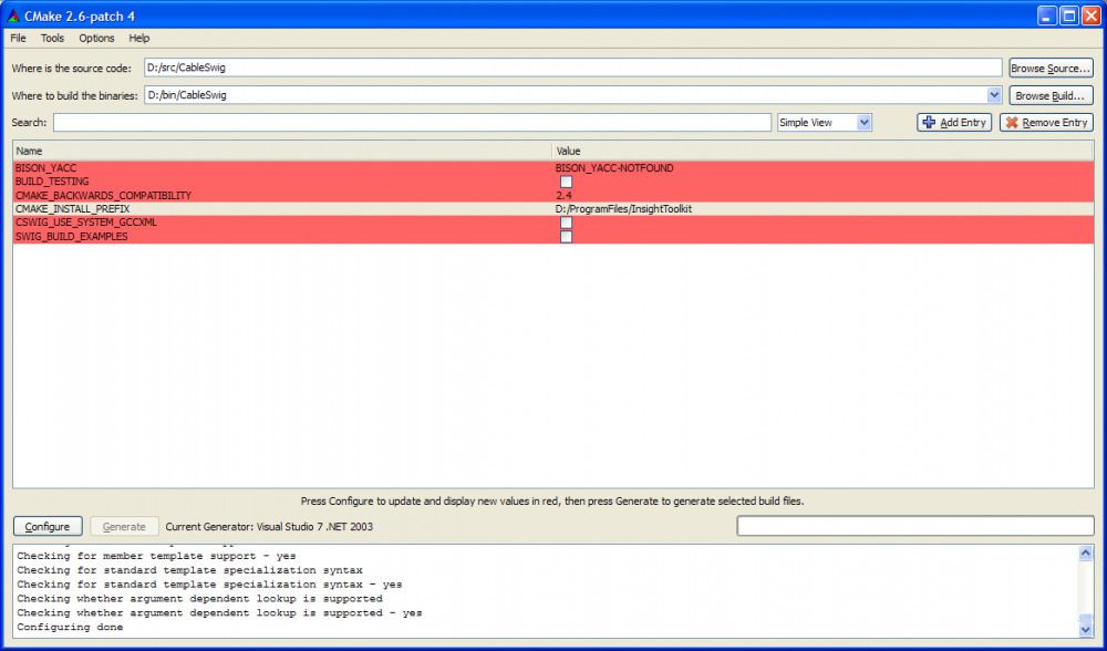 Screenshot of ccmake configuration of CableSwig