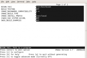 Screenshot of ccmake configuration of CableSwig