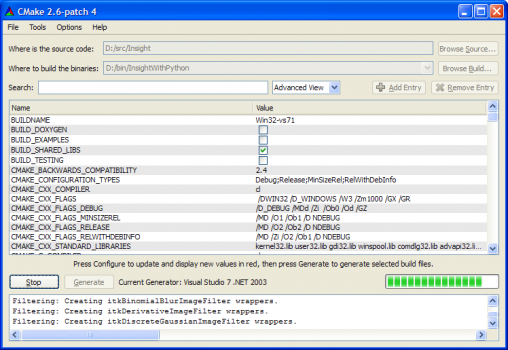 Initial CMake GUI for building ITK